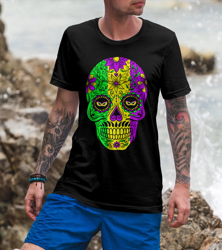 Mardi Gras Sugar Skull With Jester Hat Design And Colorful Floral T-Shirt