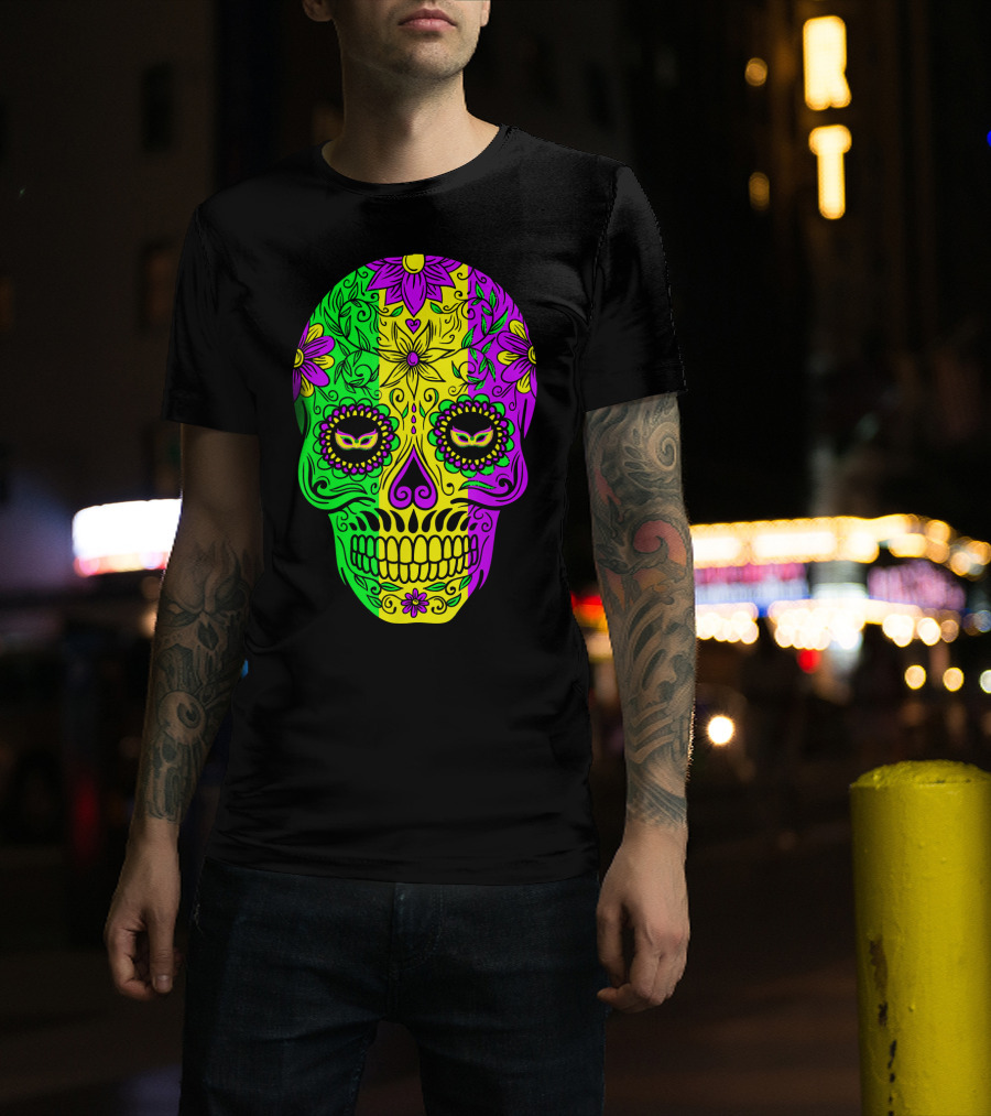 Mardi Gras Sugar Skull With Jester Hat Design And Colorful Floral T-Shirt