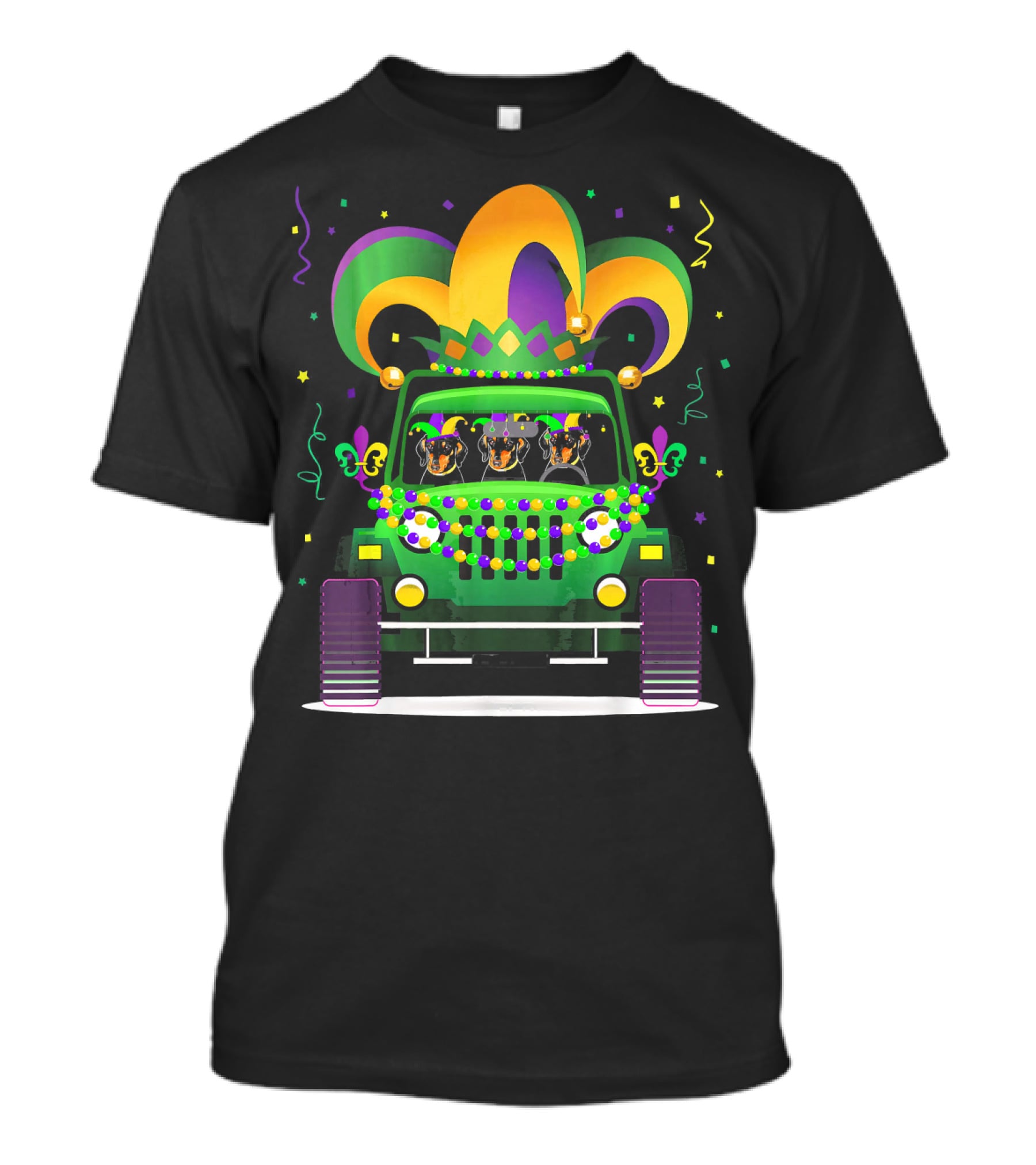 Dachshund Riding Jeep Mardi Gras Beads Jester Hat T-Shirt