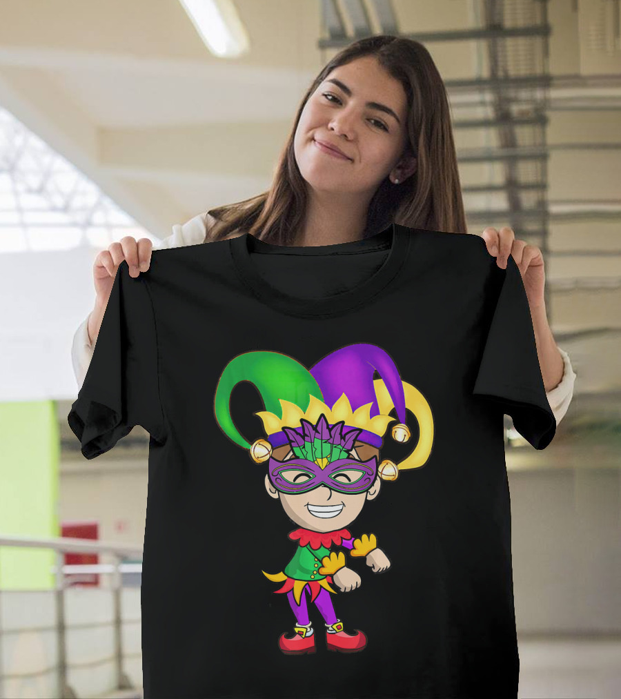 Mardi Gras Jester Kid Flossing Dance Colorful Mask And Costume T-Shirt