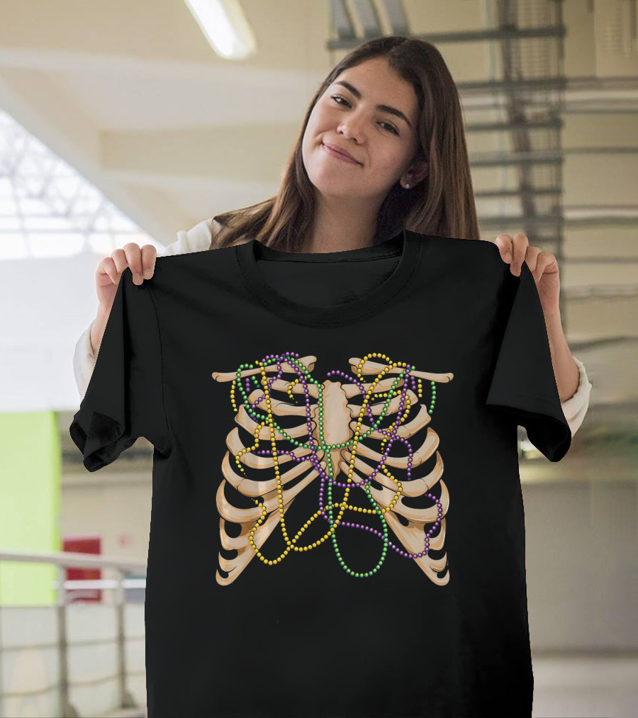 Mardi Gras Rib Cage Bone Skeleton Beads T-Shirt