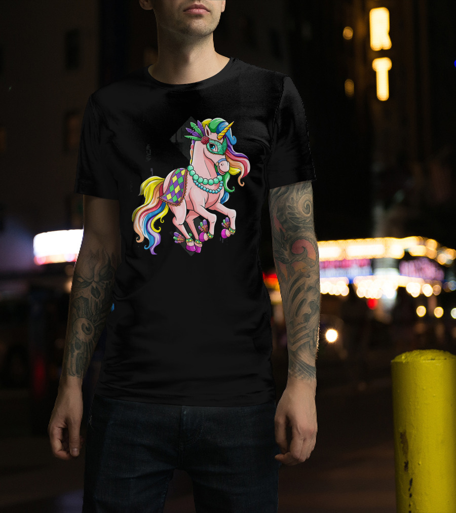 Mardi Gras Unicorn New Orleans Beads Mask Colorful Harlequin T-Shirt