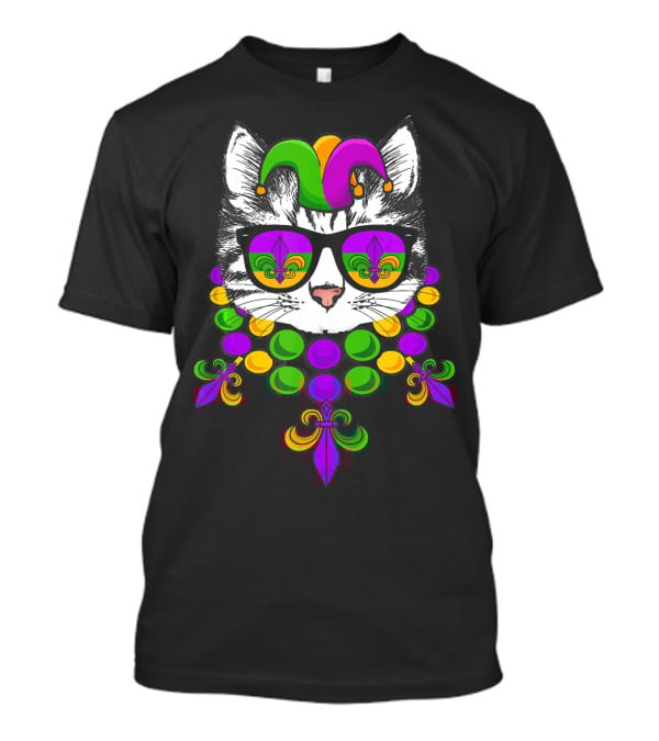Mardi Gras Cat Meow Kitten New Orleans Jester Hat Fleur-de-Lis Beads T-Shirt