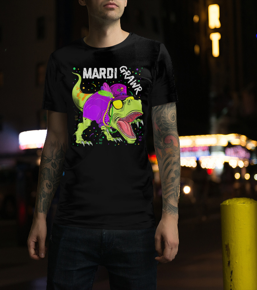 Mardi Grawr Dinosaur Mardi Gras Beads Cosplay Party T-Shirt