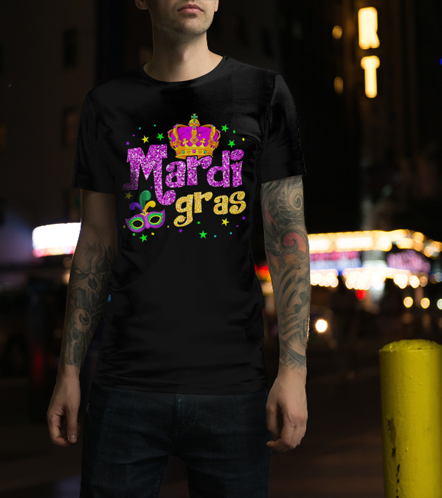 Mardi Gras Crown Glitter Mask Stars T-Shirt