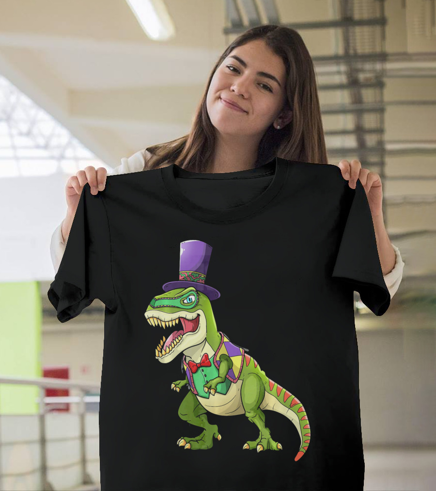 Mardi Gras Dinosaur Wearing Top Hat And Bow Tie T-Shirt