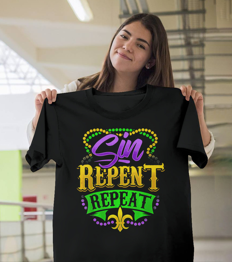 Mardi Gras Sin Repent Repeat Fleur De Lis Beads T-Shirt