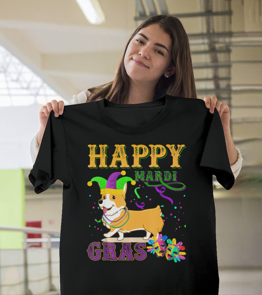 Happy Mardi Gras Welsh Corgi Costume Party T-Shirt
