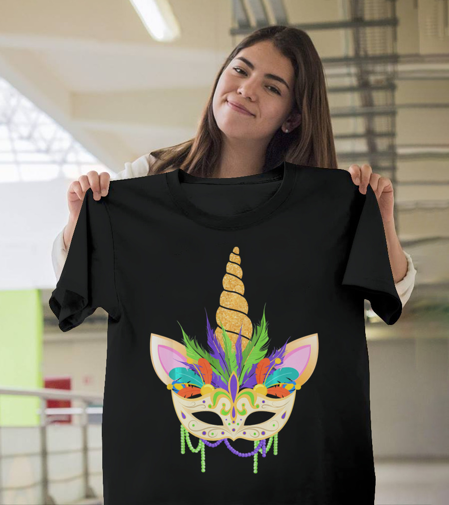 Unicorn Mask With Feathers And Beads Mardi Gras T-Shirt