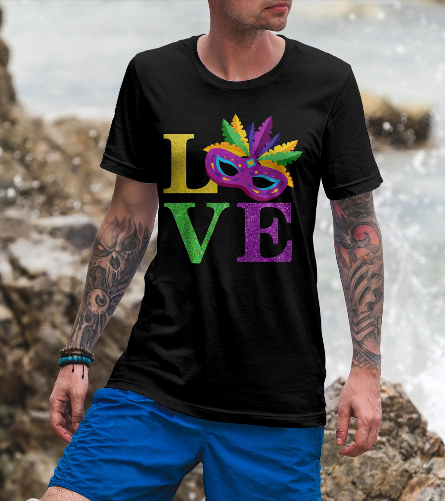 LOVE Mardi Gras Mask Feather Parade Party T-Shirt