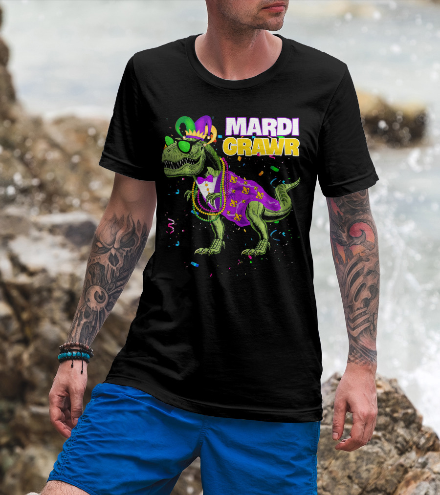 Mardi Gras Dinosaur Wearing Beads And Mask With Confetti T-Shirt