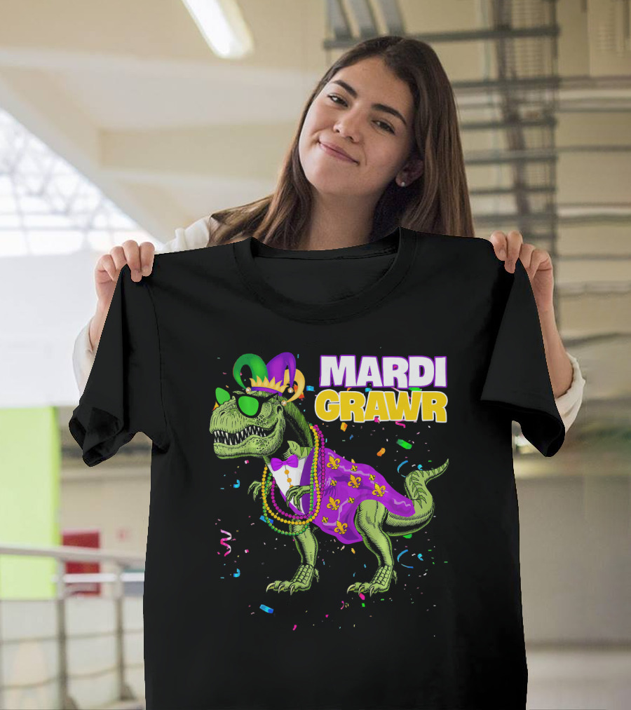 Mardi Gras Dinosaur Wearing Beads And Mask With Confetti T-Shirt