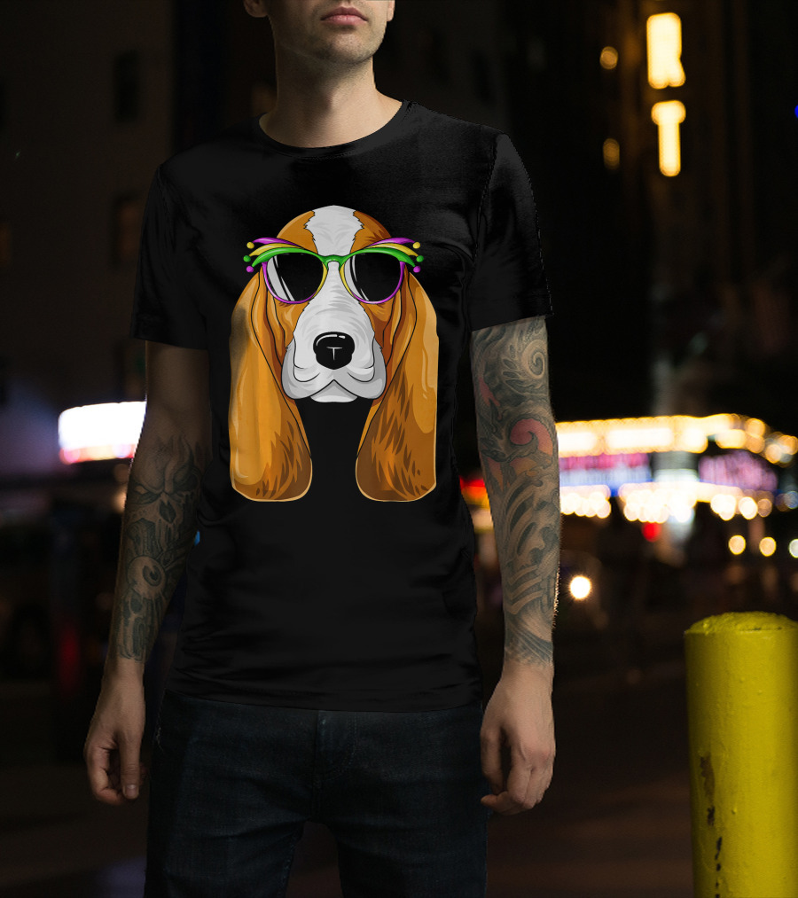 Basset Hound With Mardi Gras Carnival Mask And Sunglasses T-Shirt