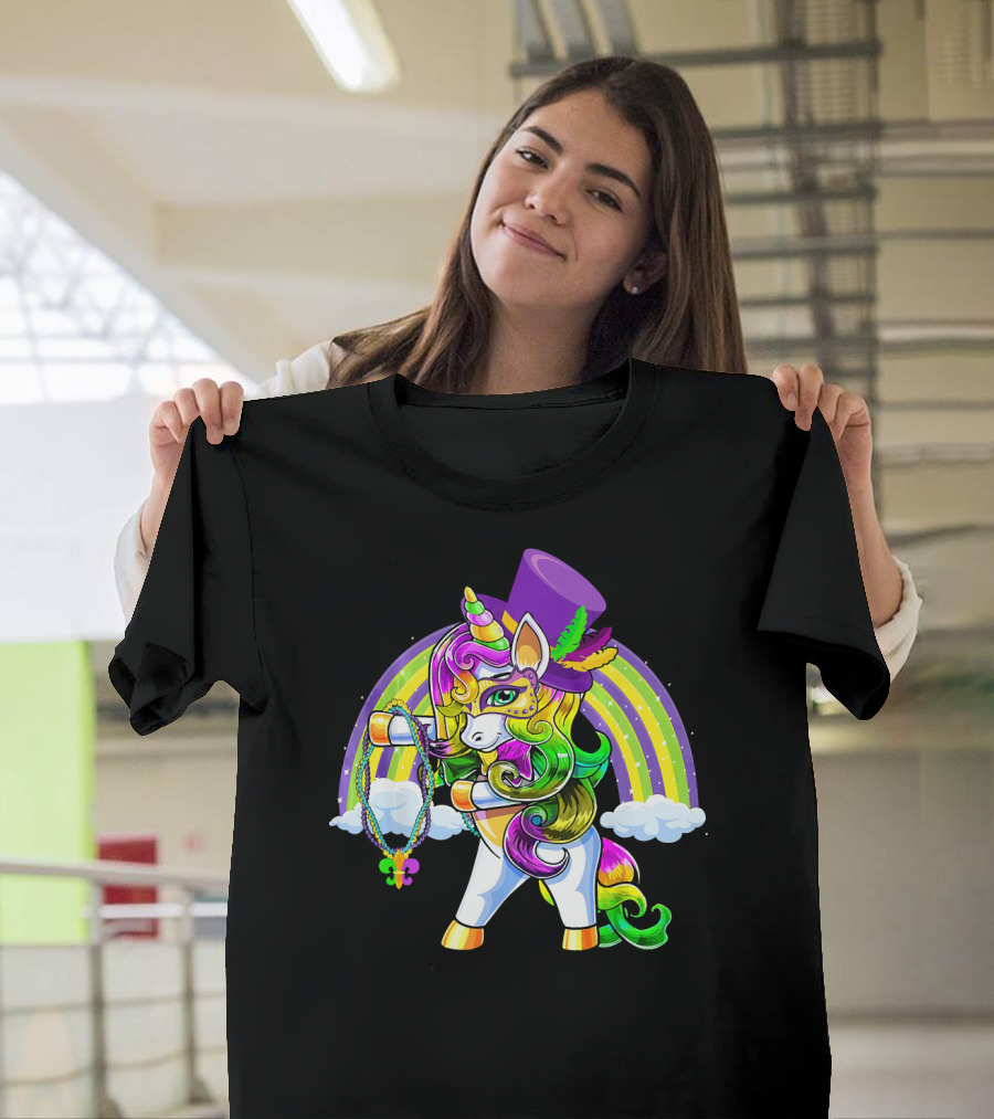 Flossing Unicorn In Top Hat With Rainbow And Mardi Gras Elements T-Shirt