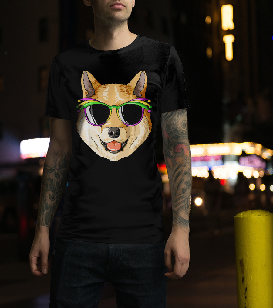 Shiba Inu In Mardi Gras Carnival Mask With Festive Sunglasses T-Shirt
