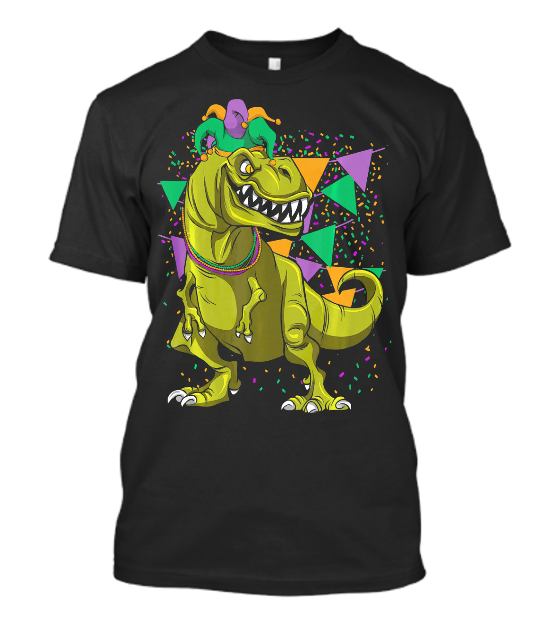 Funny Fat Tuesday Mardi Gras T-Rex Jester With Beads And Confetti T-Shirt