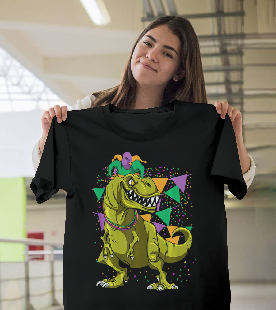 Funny Fat Tuesday Mardi Gras T-Rex Jester With Beads And Confetti T-Shirt