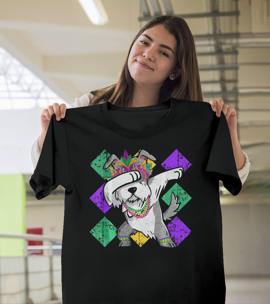 Schnauzer Dog Dabbing with Mardi Gras Mask and Beads in Colorful T-Shirt
