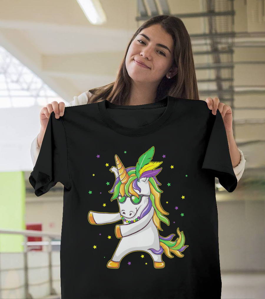 Mardi Gras Unicorn Dabbing and Flossing Colorful Festive Dance T-Shirt