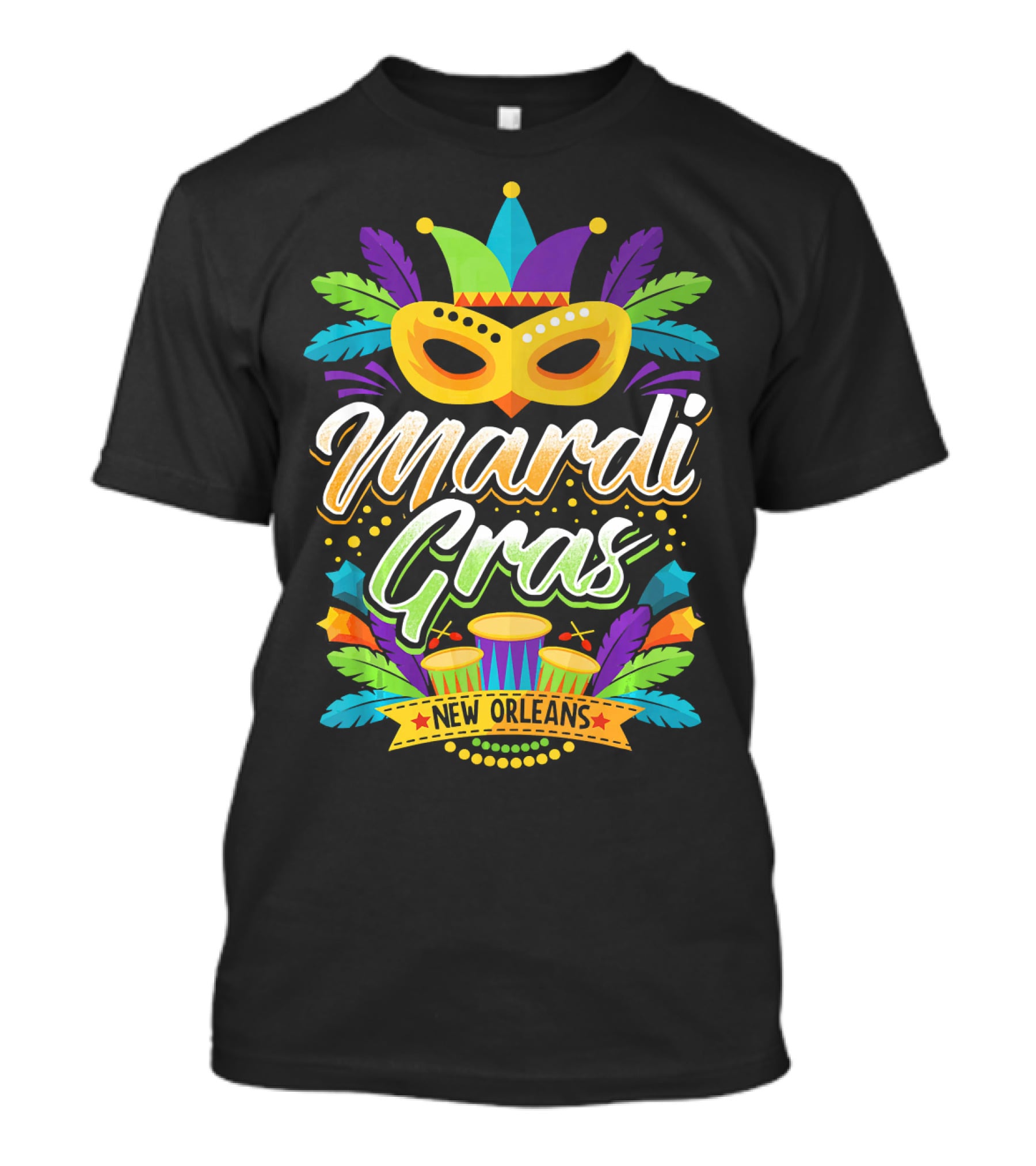 Mardi Gras New Orleans Mask Drums Feathers Party T-Shirt