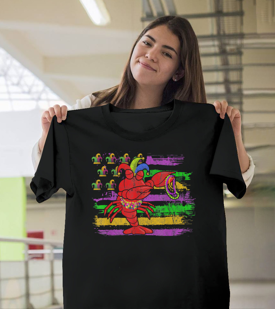 Lobster With Beads And Jester Hats On Mardi Gras Flag Background T-Shirt