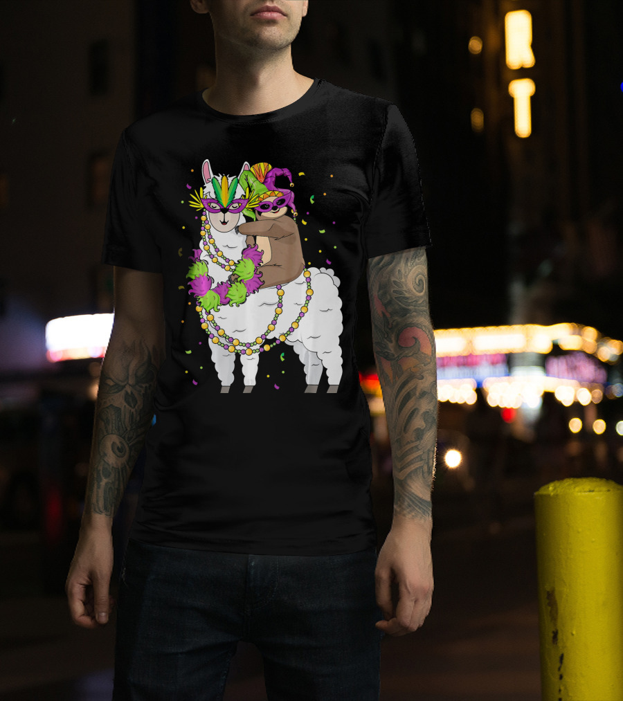 Llama Masked With Beads And Confetti Sloth Mardi Gras T-Shirt