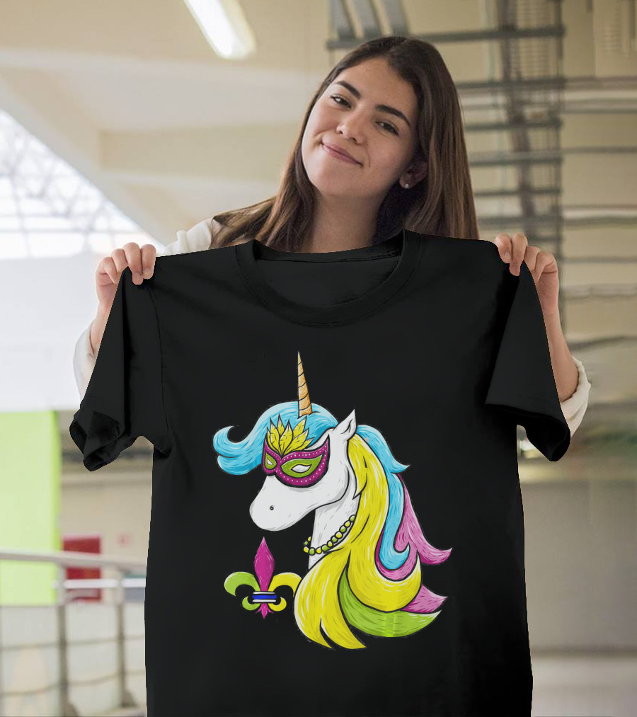 Mardi Gras Unicorn Mask with Fleur-de-Lis and Colorful Hair Fat Tuesday T-Shirt