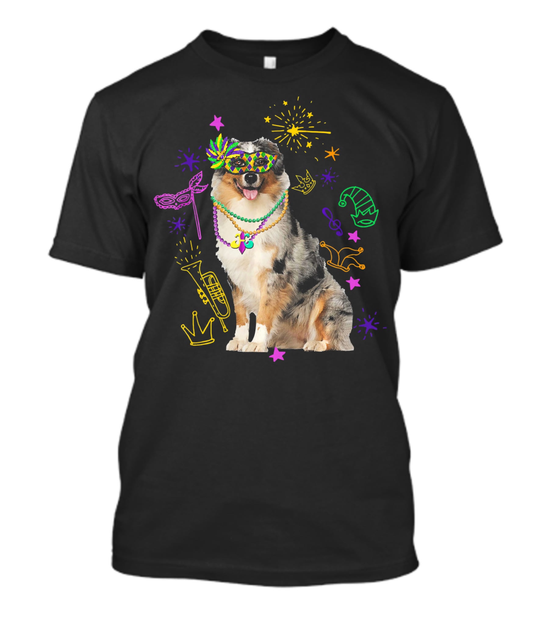 Australian Shepherd Dog With Mardi Gras Beads And Mask T-Shirt