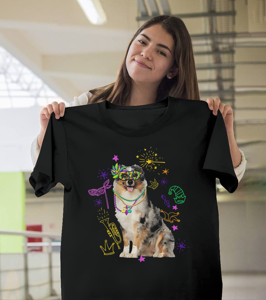 Australian Shepherd Dog with Mardi Gras Beads and Mask T-Shirt