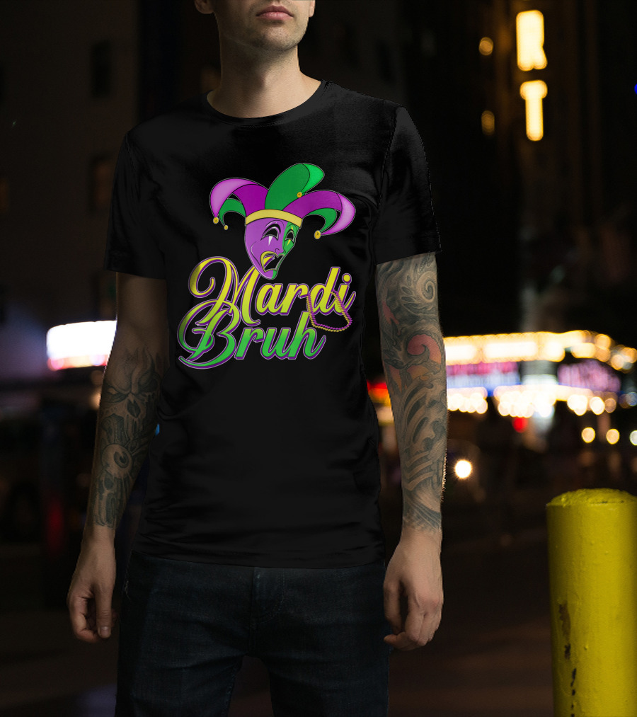Mardi Bruh Jester Mask And Beads Mens Mardi Gras Funny Coupl T-Shirt