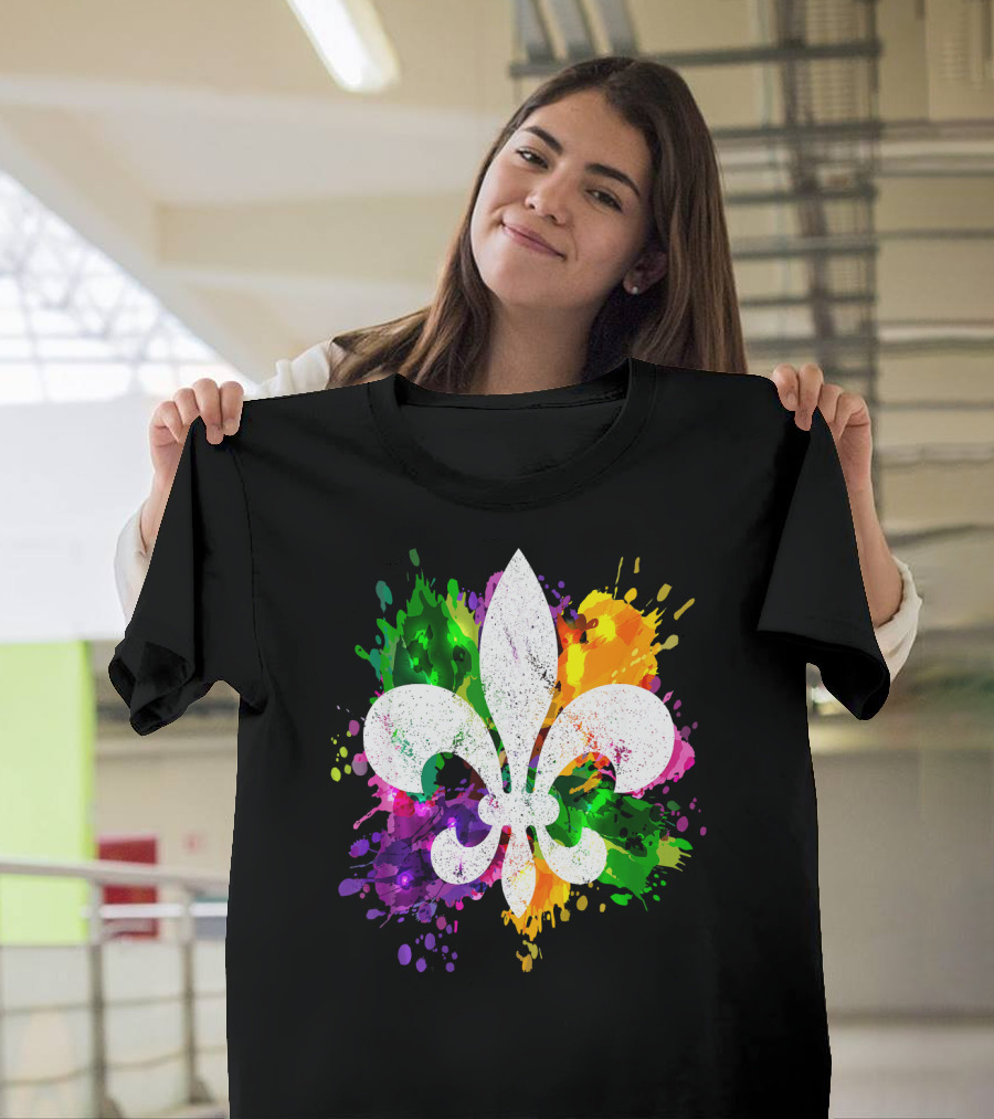 Mardi Gras Fleur De Lis Colorful Splatter Background T-Shirt