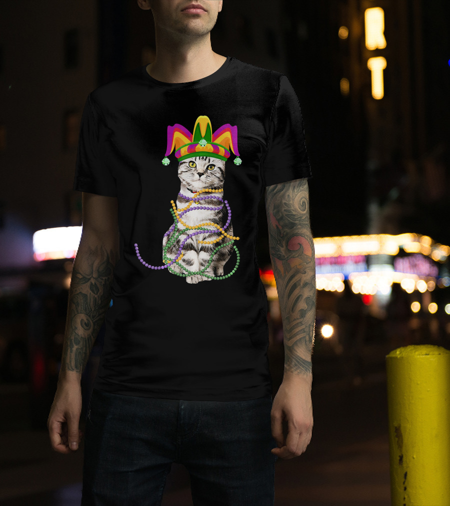 Mardi Gras Cat With Jester Hat And Beads Costume Kitte T-Shirt