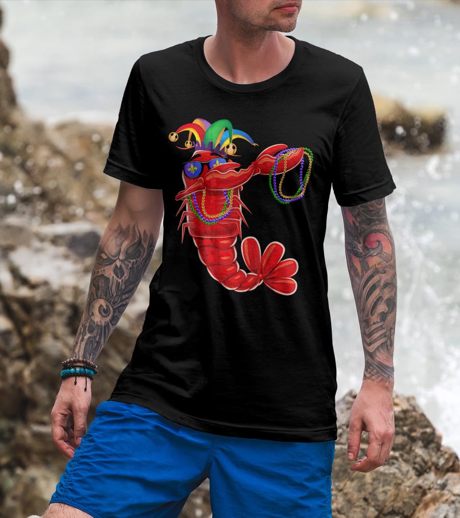 Mardi Gras Lobster Dabbing With Colorful Beads And Jester Hat T-Shirt