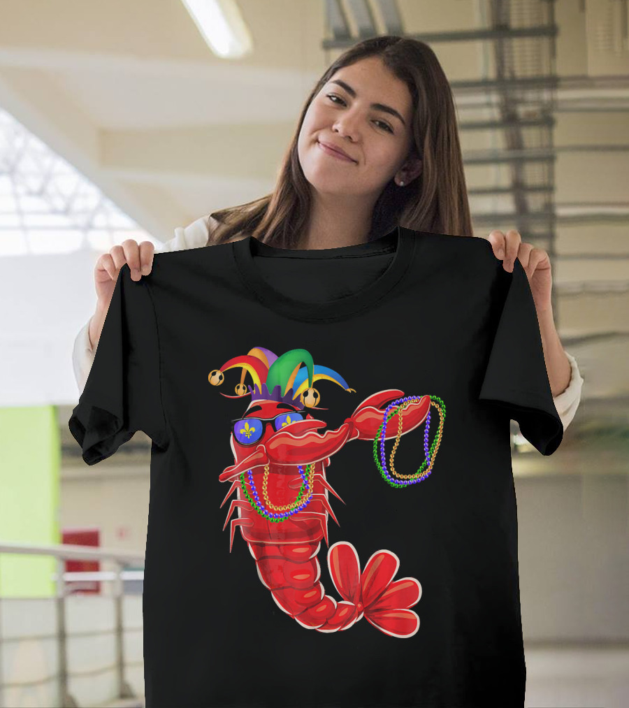 Mardi Gras Lobster Dabbing With Colorful Beads And Jester Hat T-Shirt