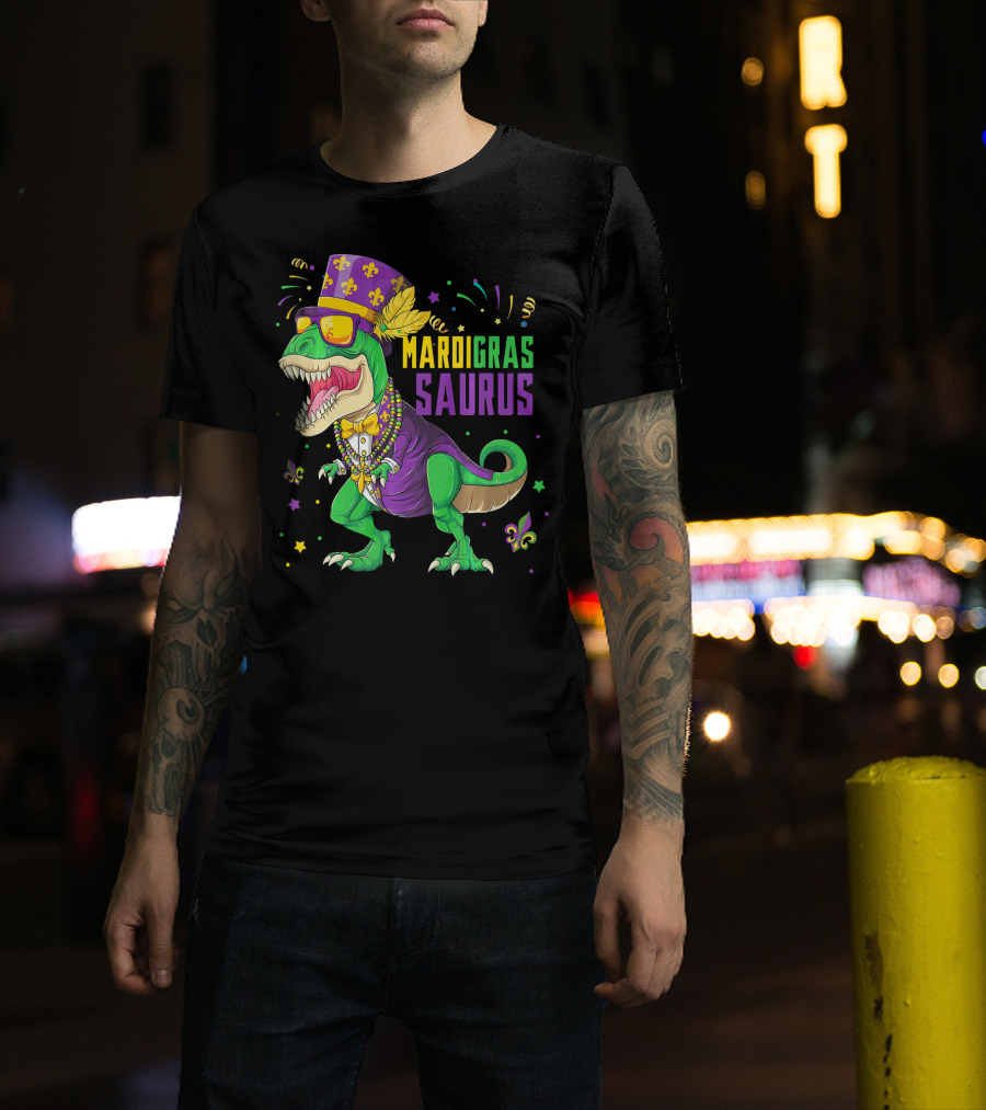 Mardi Gras Saurus T Rex Dinosaur Jester Kids T-Shirt