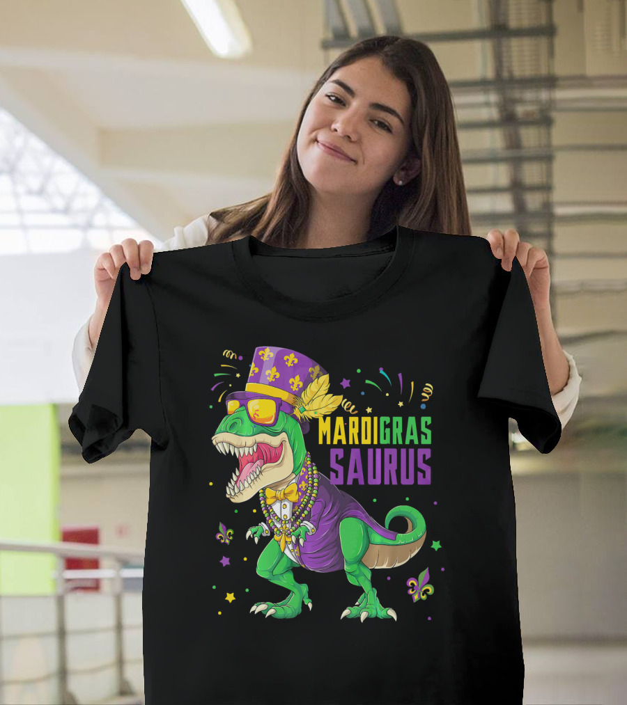 Mardi Gras Saurus T Rex Dinosaur Jester Kids T-Shirt