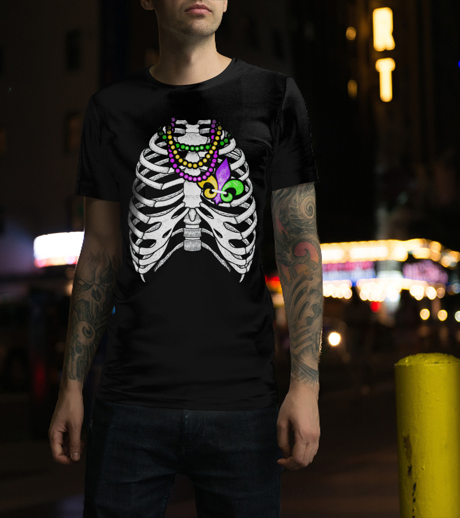 Mardi Gras Beads Skeleton Fleur De Lis Ribcage Heart T-Shirt