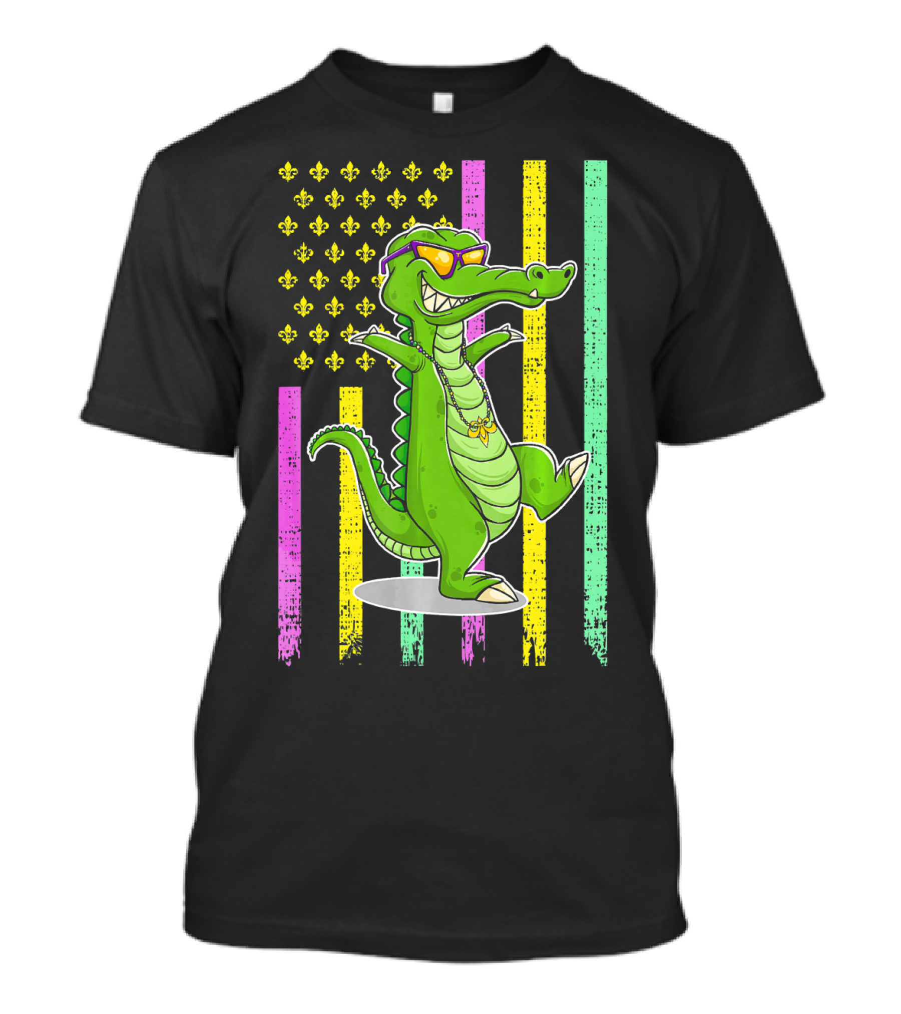 Mardi Gras Alligator With Sunglasses And Flag Background T-Shirt