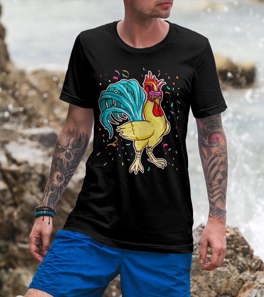 Chicken Mardi Gras Carnival Rooster With Colorful Feathers And Confetti T-Shirt