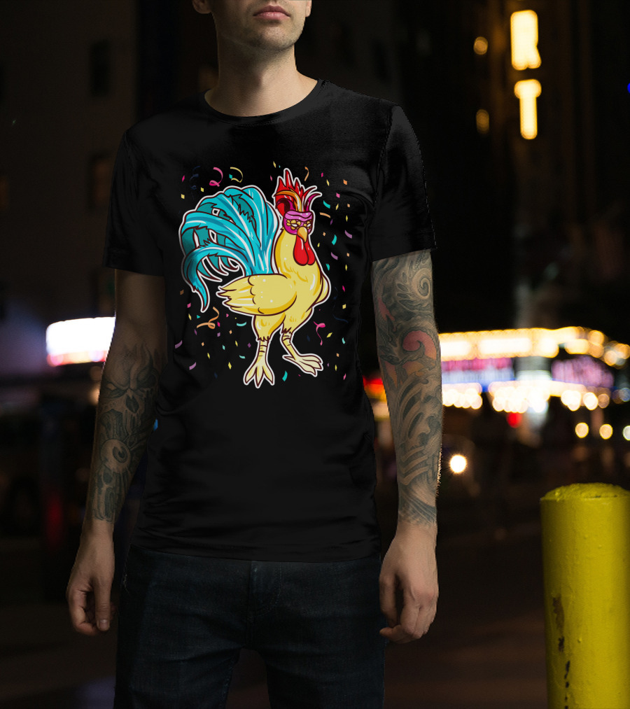 Chicken Mardi Gras Carnival Rooster With Colorful Feathers And Confetti T-Shirt