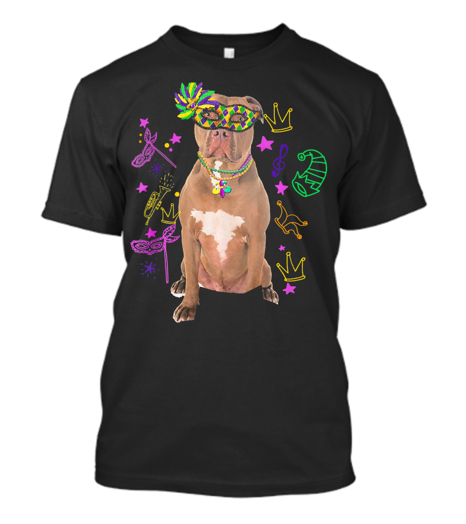 Pit Bull Mardi Gras Dog Mom Party Festive Mask Beads Crowns Music Notes T-Shirt