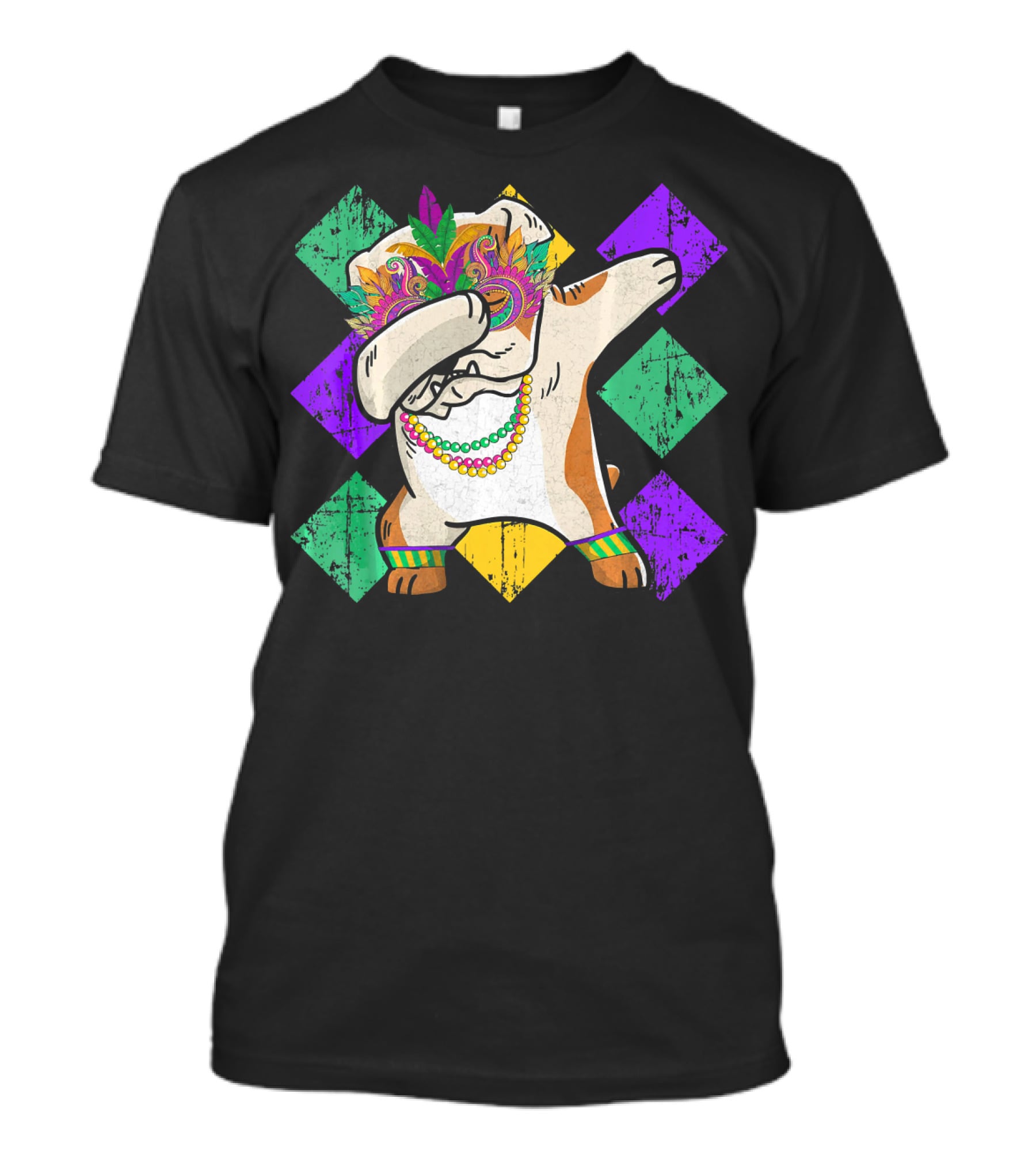 Funny BullDog Dabbing With Mardi Gras Mask And Beads On Colorful Diamond Background T-Shirt