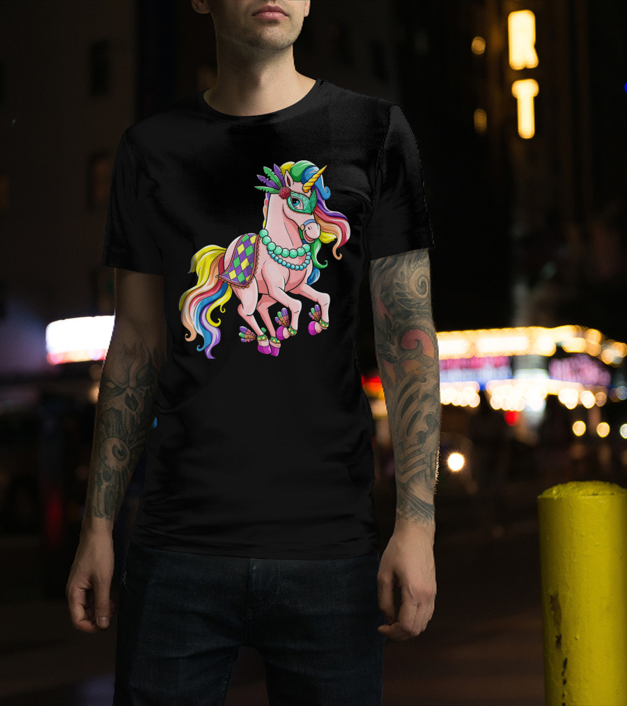 Kids Mardi Gras Unicorn With Colorful Mask And Beads T-Shirt