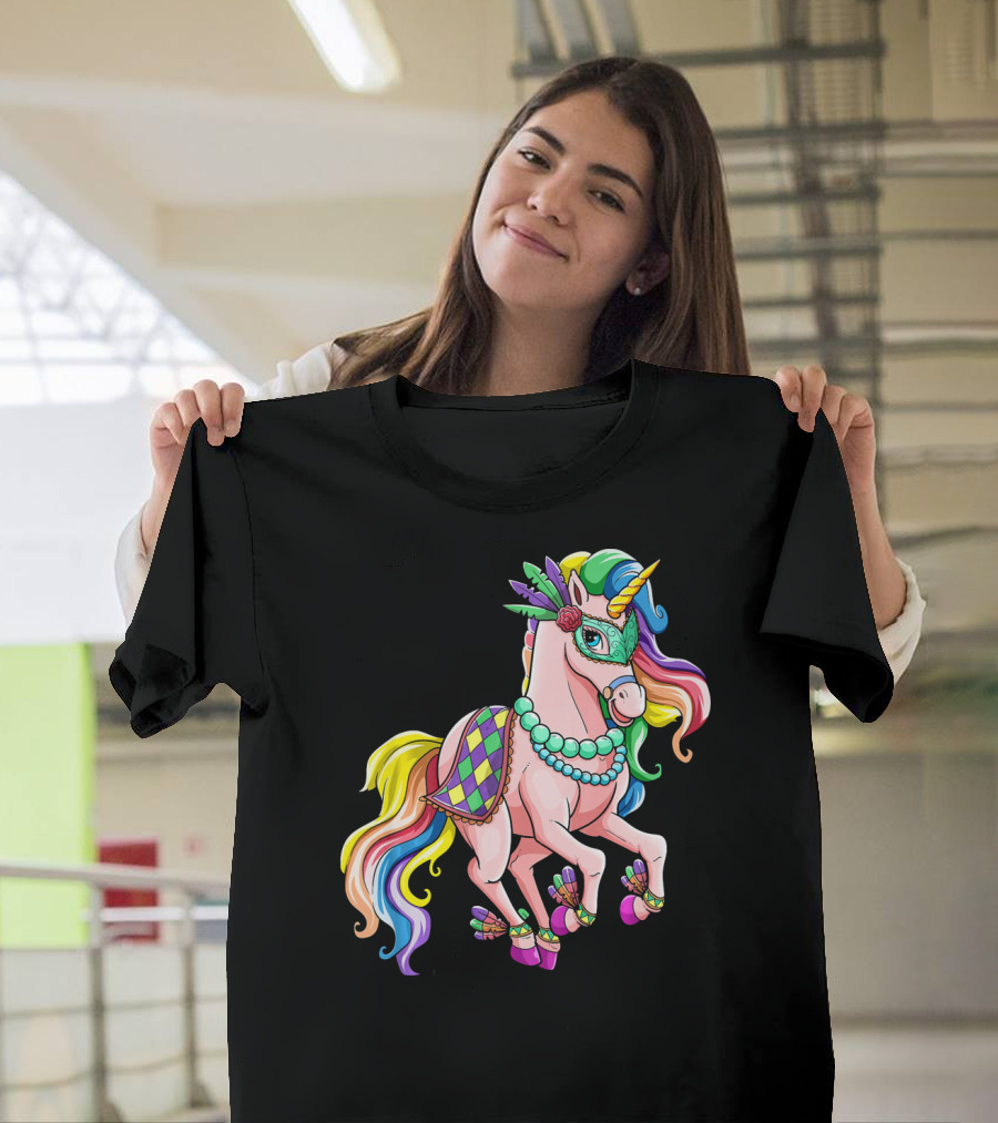 Kids Mardi Gras Unicorn With Colorful Mask And Beads T-Shirt