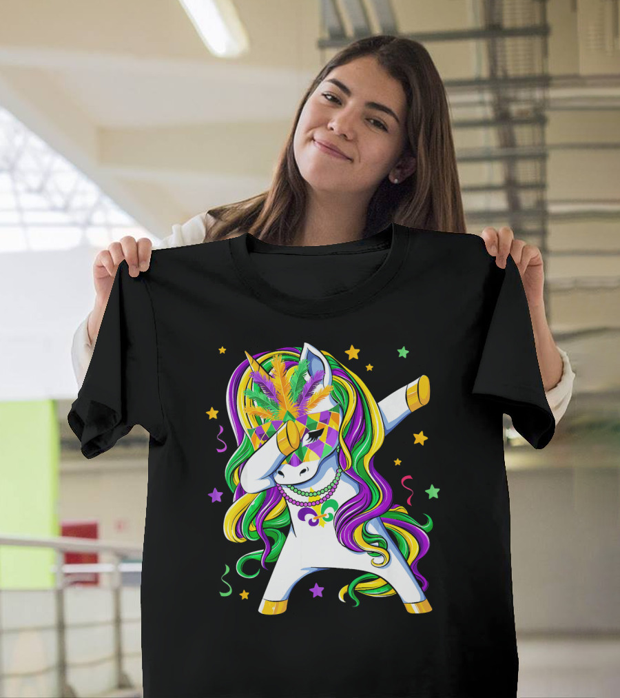 Dabbing Unicorn Mardi Gras Masquerade Beads Costume Carnival T-Shirt