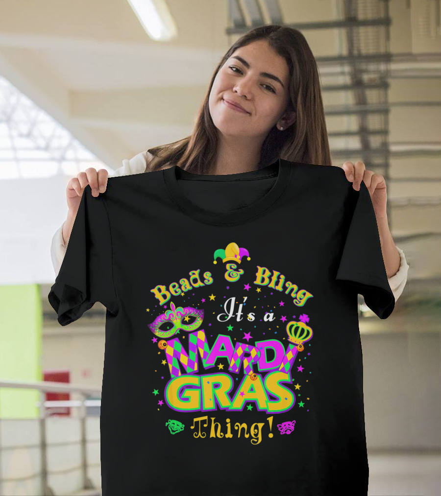 Beads and Bling It's a Mardi Gras Thing Mask Jester Crown Stars T-Shirt