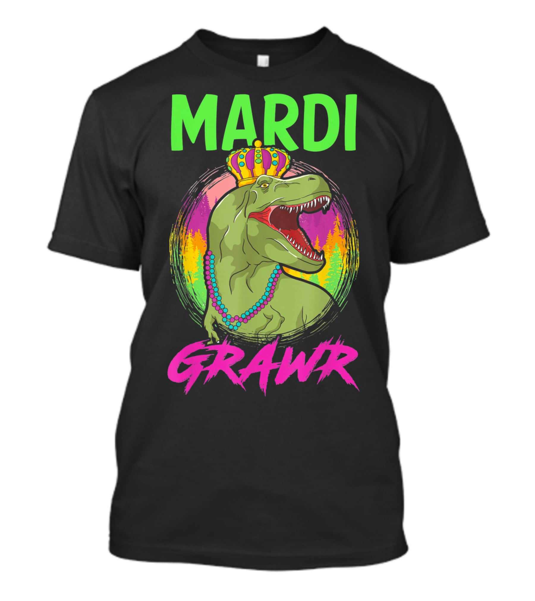 Mardi Grawr Rex Dinosaur In Beads And Crown With Rainbow Sunset T-Shirt