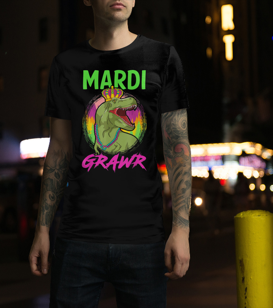 Mardi Grawr Rex Dinosaur In Beads And Crown With Rainbow Sunset T-Shirt