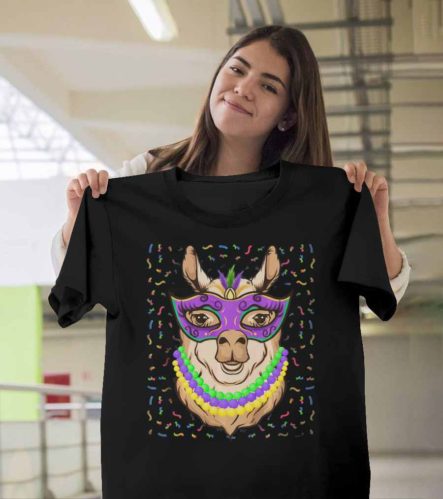 Mardi Gras Llama with Beads and Mask Confetti T-Shirt