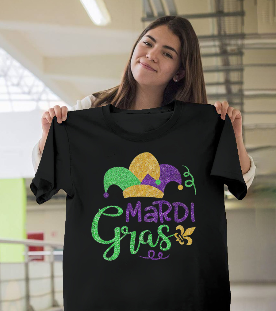 Mardi Gras Jester Hat Glitter Design Fleur-de-Lis T-Shirt